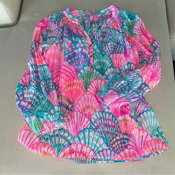 Lilly Pulitzer Tops - Lilly Pulitzer Pink Teal Shell-Print Long-Sleeve Blouse